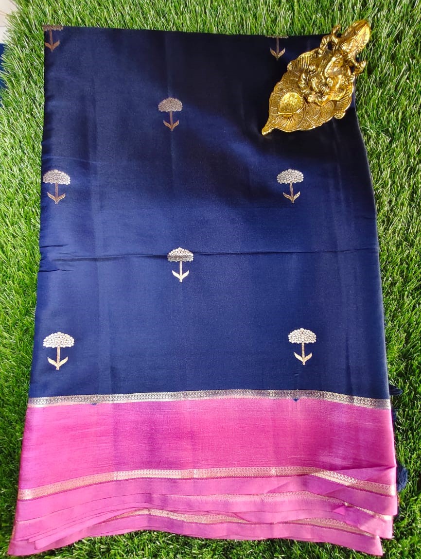 Navy Blue Raw Silk Saree with Allover Buta Weaving and Pink Gap Border