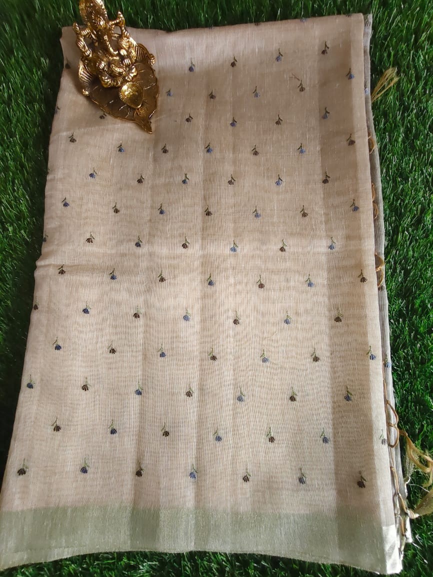 Elegant Beige Chanderi Saree with Contrast Blue Blouse