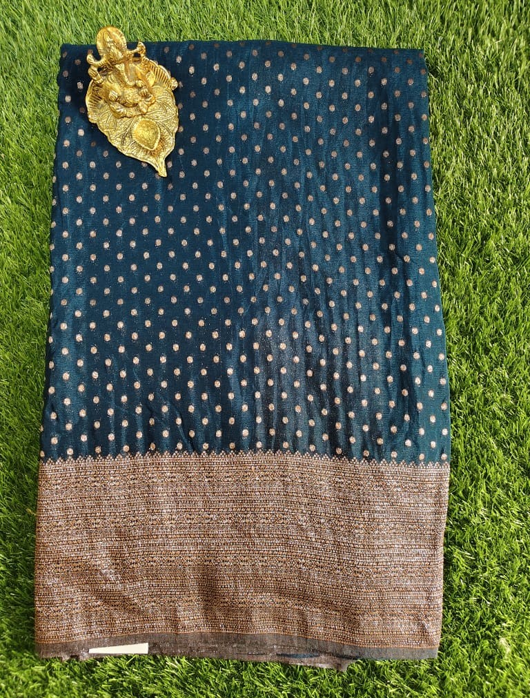 Elegant Blue Khaddi Georgette Saree with Golden Dot Pattern