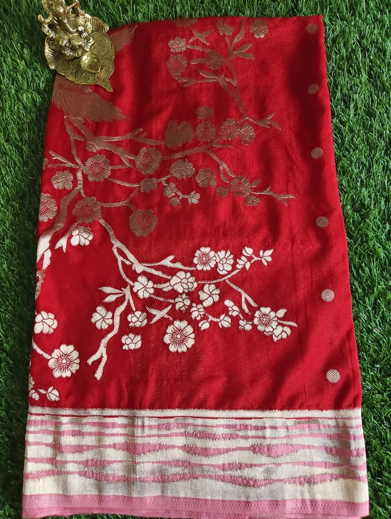 Red Georgette Saree with Pink Border and Gold Zari Weaving