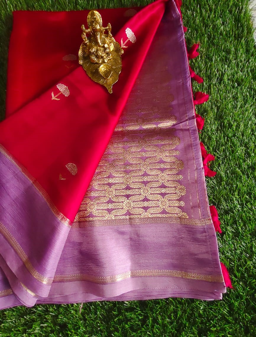 Red Raw Silk Saree with Allover Buta Weaving and Lilac Gap Border