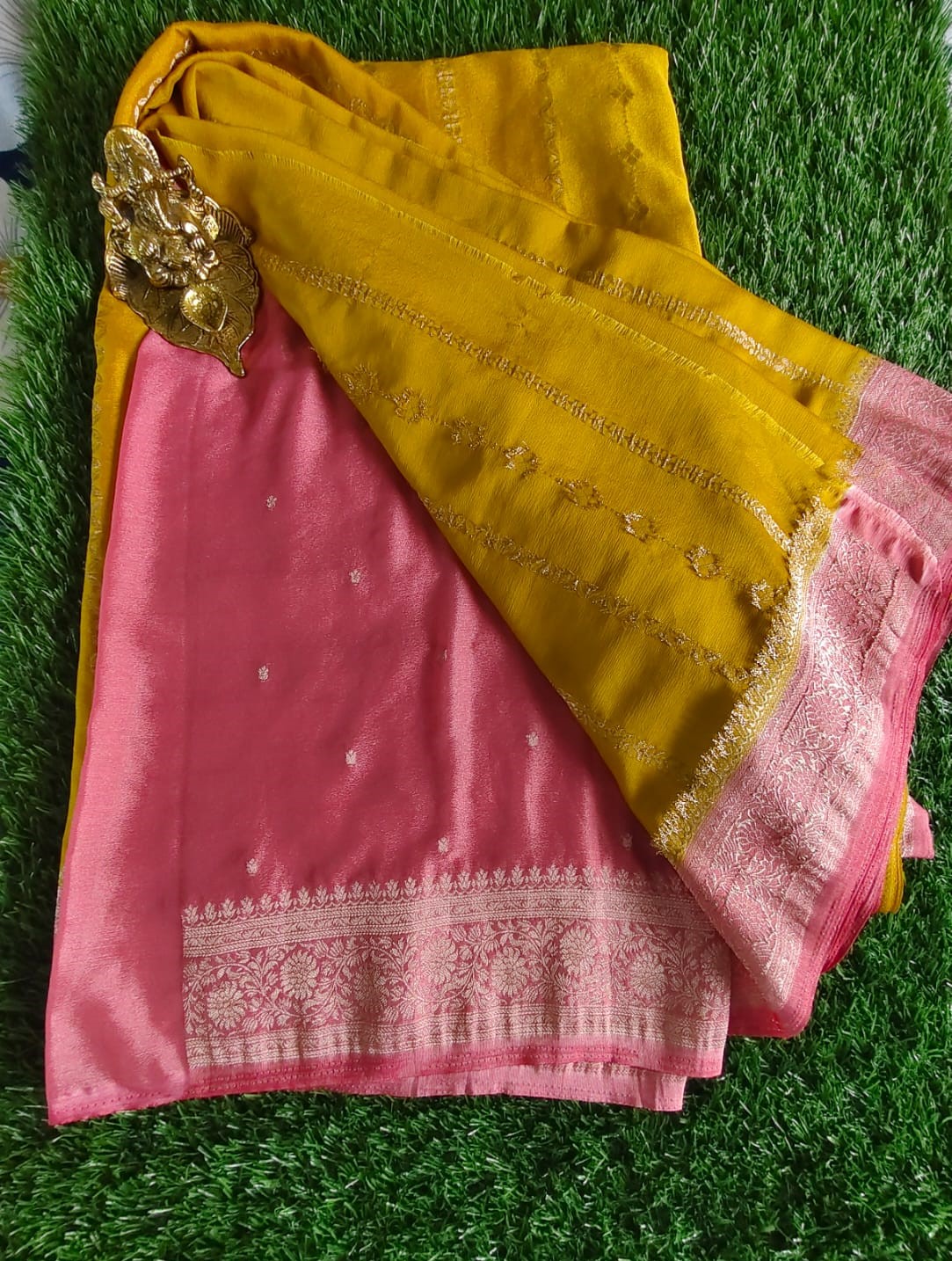 Mustard Yellow Georgette Saree with Pink Zari Brocade Pallu