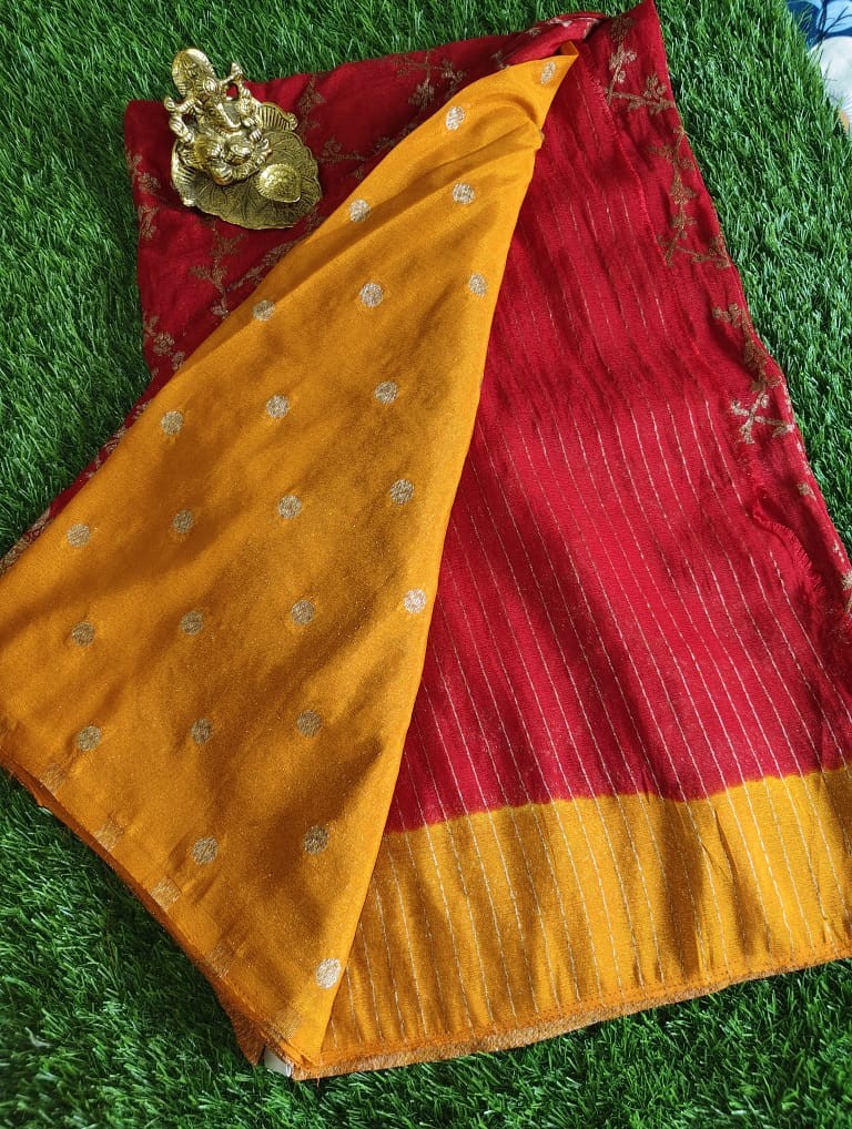 Beautiful Red Khaddi Jaal Pure Georgette Saree with Mango Yellow Border