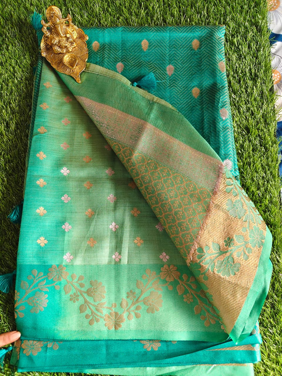 Emerald Green Tussar Silk Saree with Allover Zari Buta Weaving and Floral Border