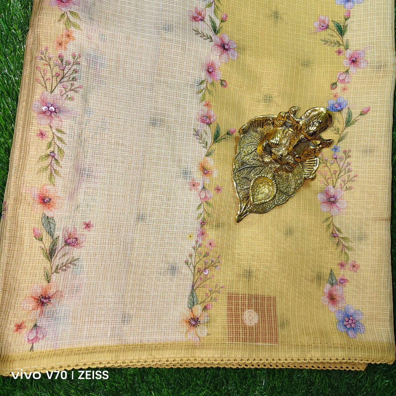 Sandalwood Kota Doria Floral Saree with Lace Border