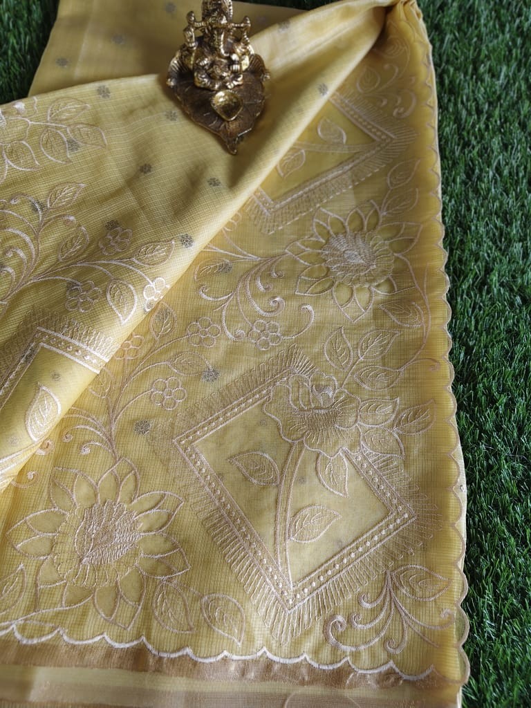 Elegant Yellow Kota Saree with Organza Embroidered Border