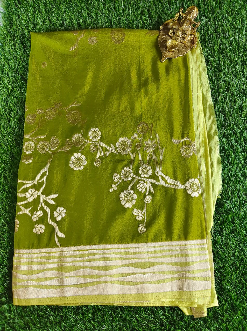 Parrot Green Georgette Saree with Gold Zari Weaving and Gold Border