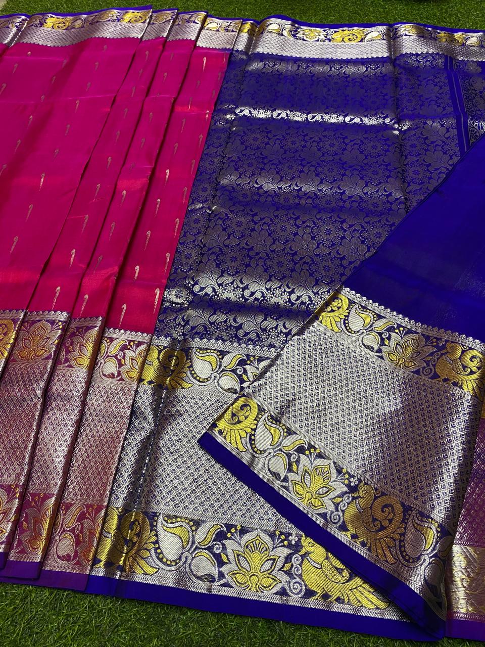 Venkatagiri Pure Handloom Pattu Saree with 12 Inch Designer Border and Hand Buta