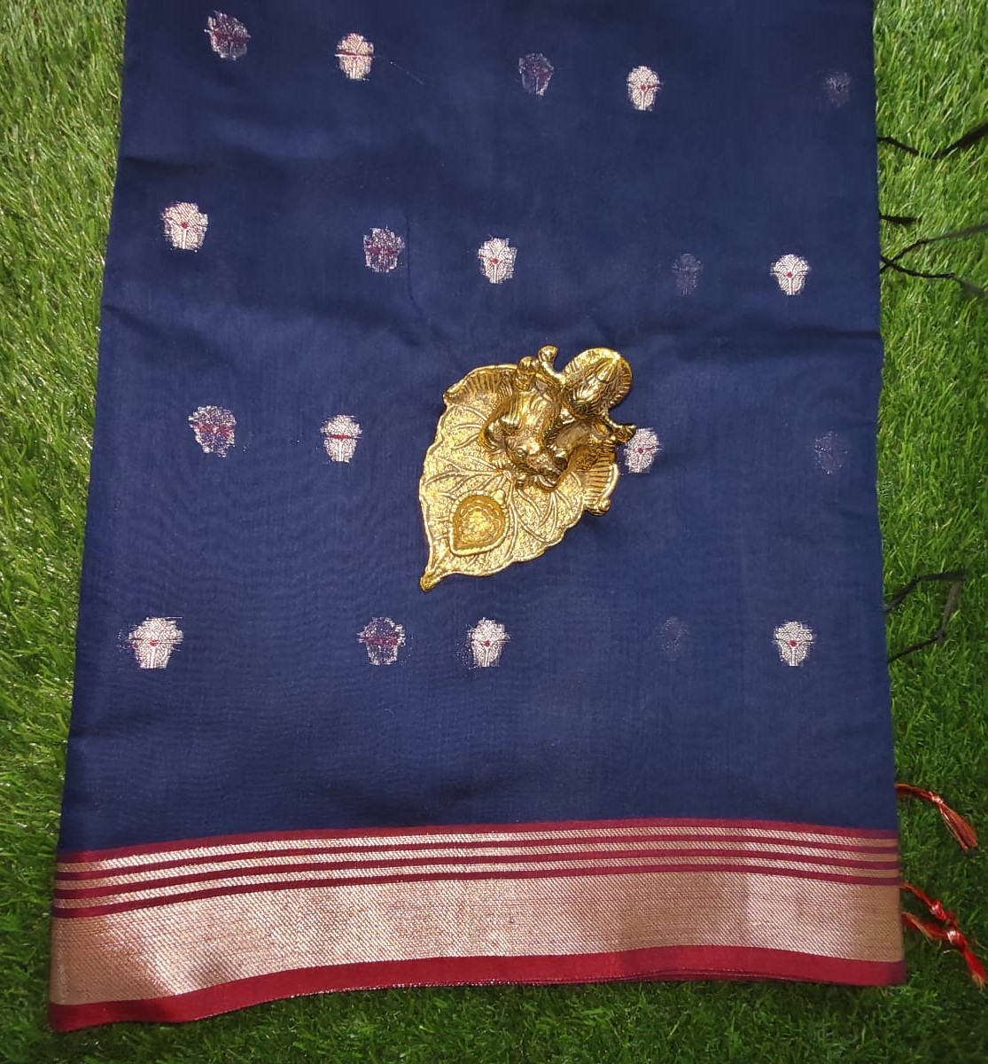 Navy Blue Chanderi Cotton Saree with Gold Zari Border and Woven Motifs