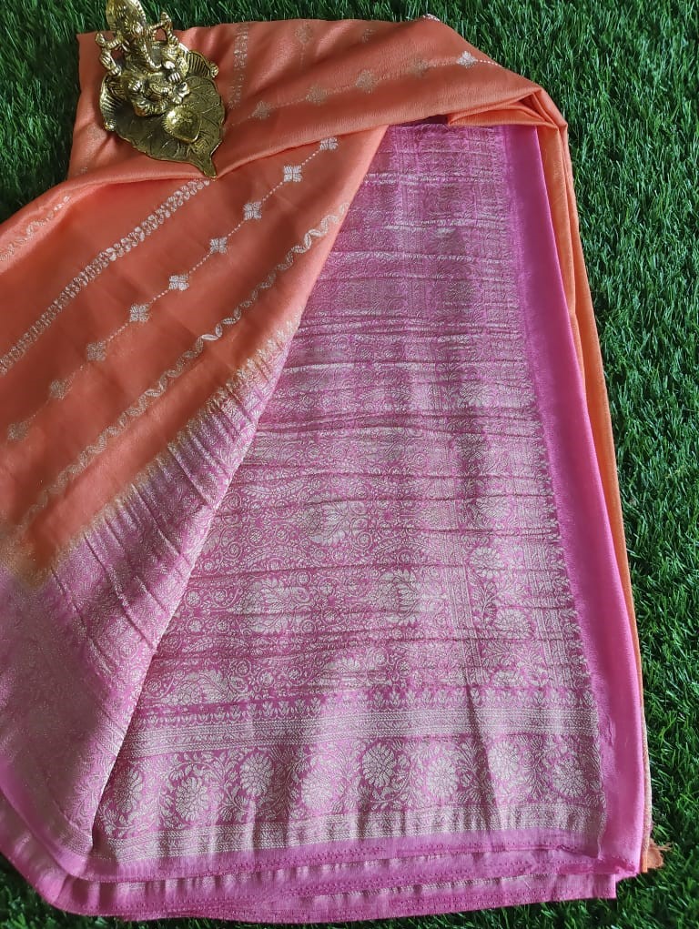 Orange Georgette Saree with Pink Zari Brocade Pallu
