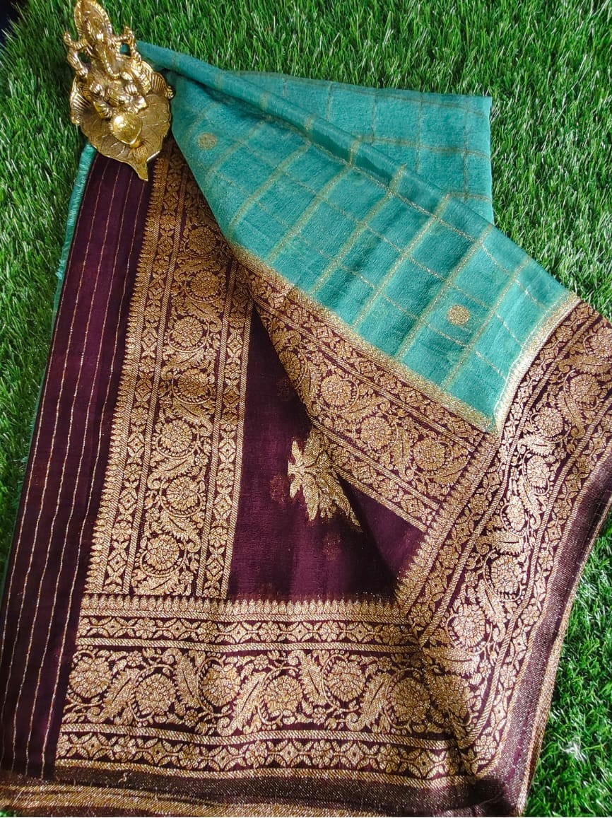 Elegant Sky Blue Khaddi Georgette Saree with Wine Contrast Border and Gold Checks Design