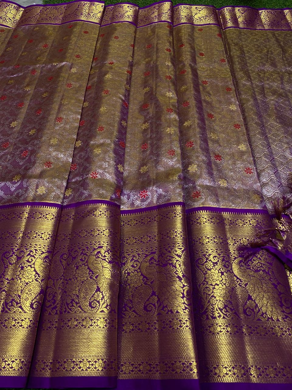 Venkatagiri Pure Handloom Tissue Saree with 12 Inch Border and Hand Buta