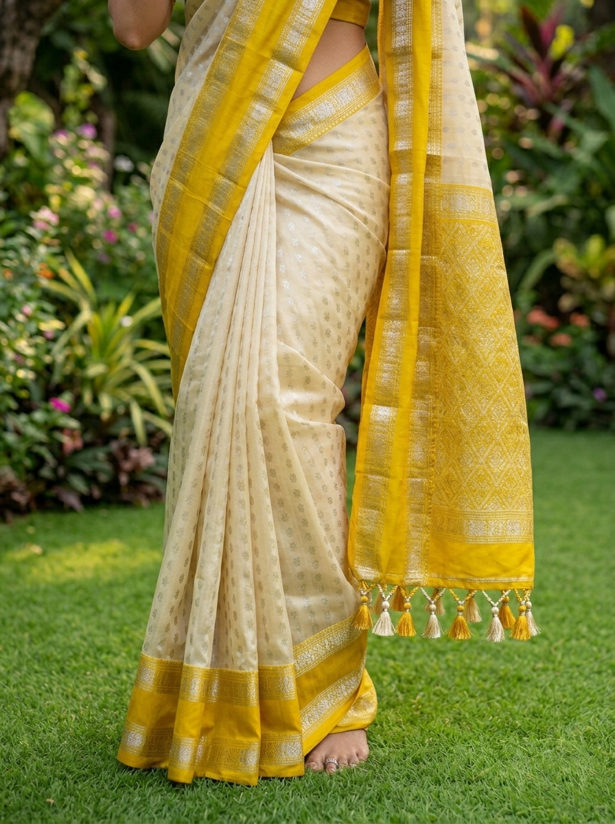 Venkatagiri Pure Handloom Pattu Saree with 6 Inch Gap Border and Handwork Buta – Cream & Yellow