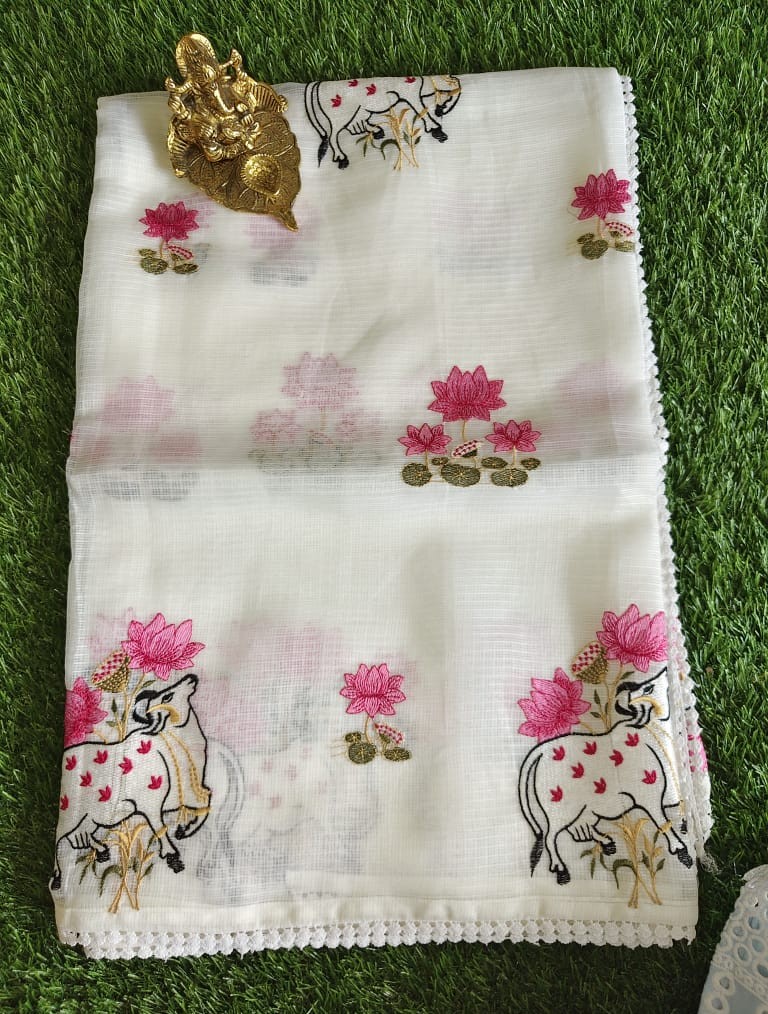 Classy White Kota Saree with Pichwai Cow and Lotus Embroidery