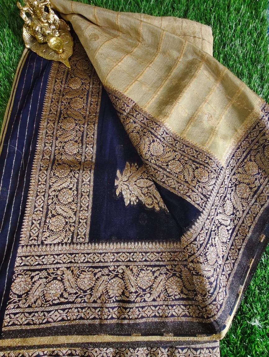 Elegant Beige Khaddi Georgette Saree with Dark Blue Border and Gold Motifs