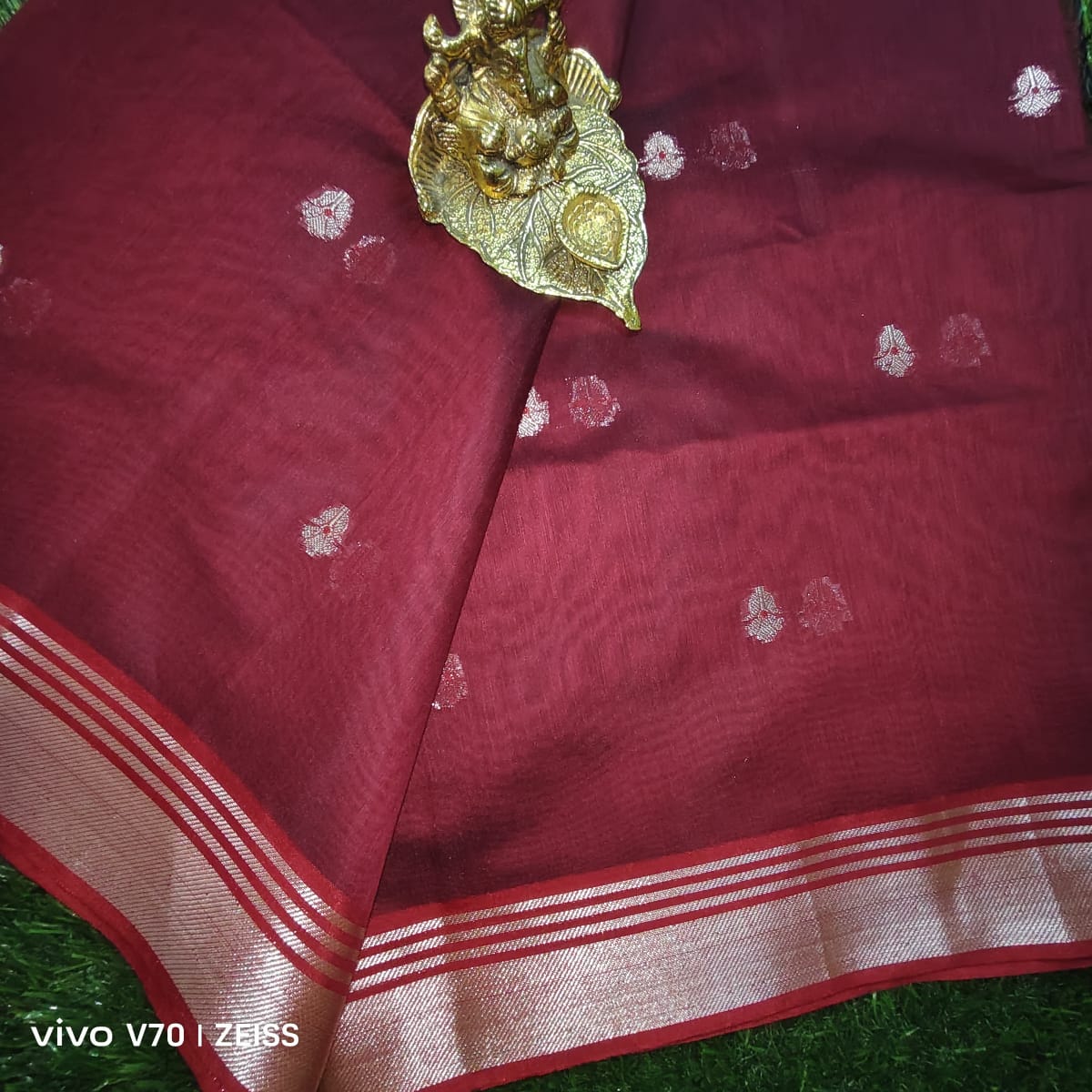 Maroon Red Chanderi Cotton Saree with Gold Zari Border and Woven Motifs