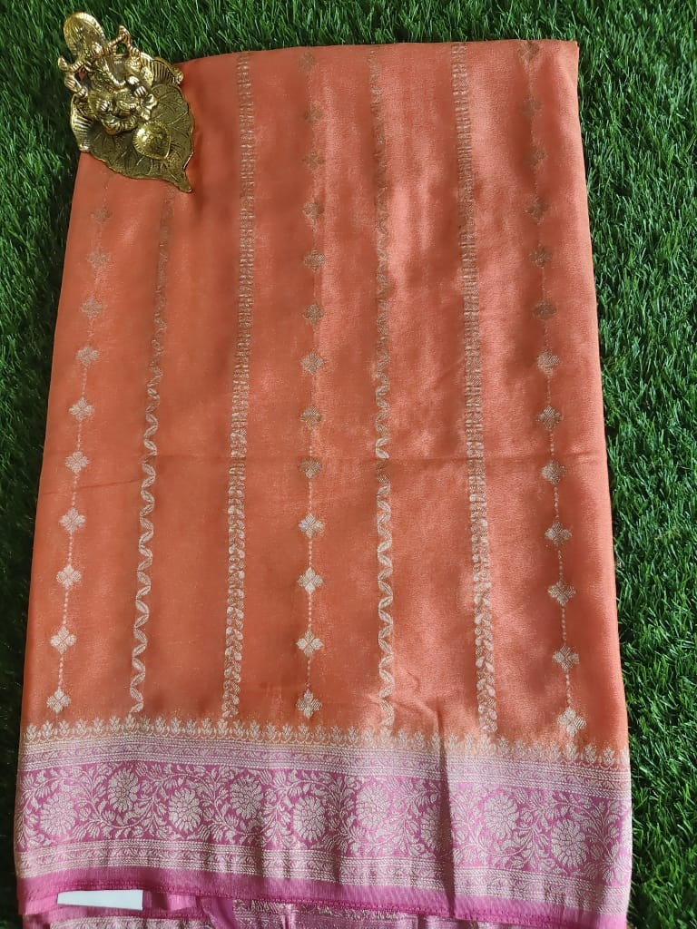 Orange Georgette Saree with Pink Zari Brocade Pallu