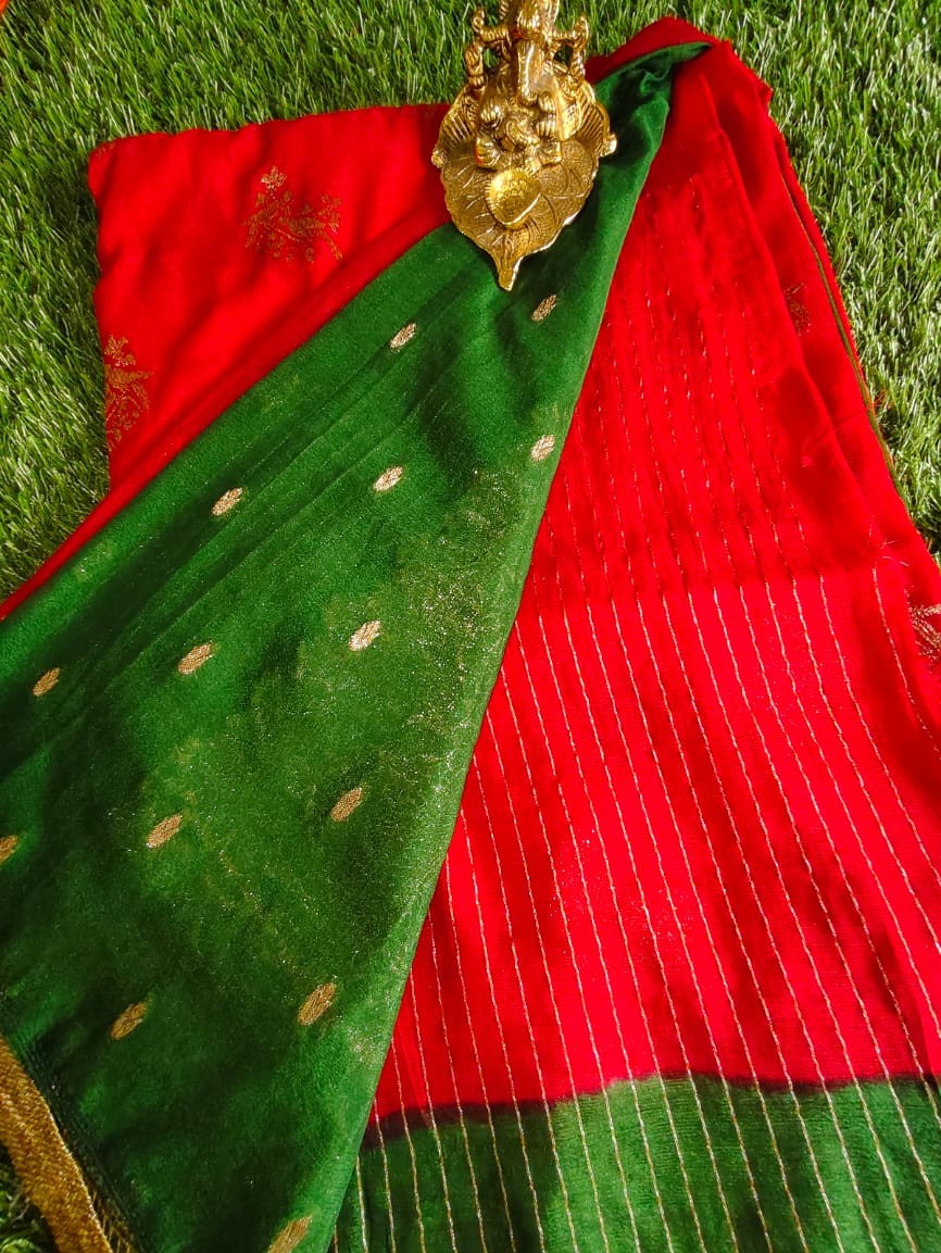 Beautiful Red Khaddi Georgette Saree with Green Contrast Border and Parrot Motifs
