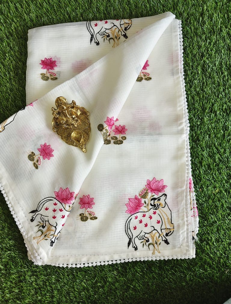 Classy White Kota Saree with Pichwai Cow and Lotus Embroidery