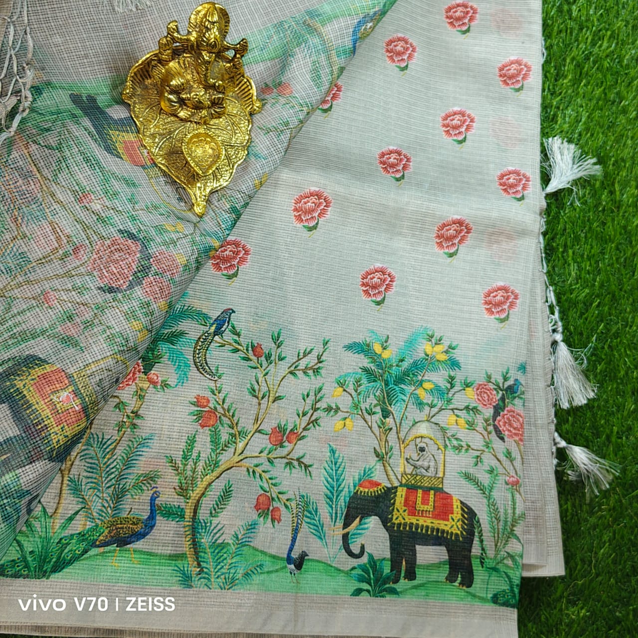 Beautiful Grey Printed Kota Doria Saree with Elephant & Peacock Motifs