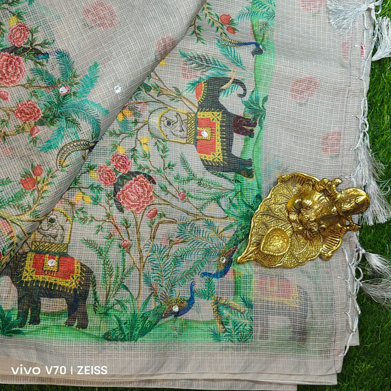 Beautiful Grey Printed Kota Doria Saree with Elephant & Peacock Motifs
