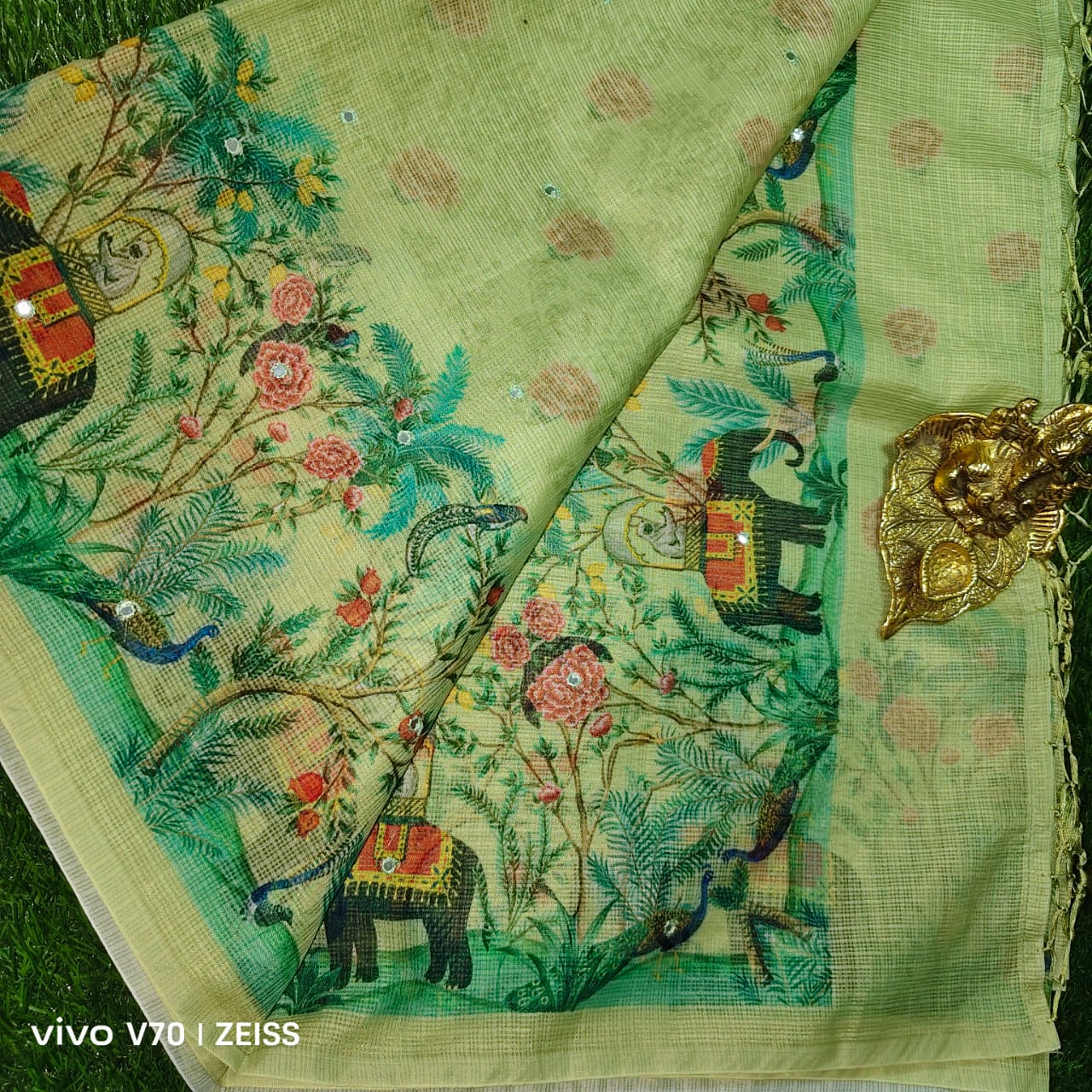 Soft Green Printed Kota Doria Saree with Elephant and Peacock Motifs
