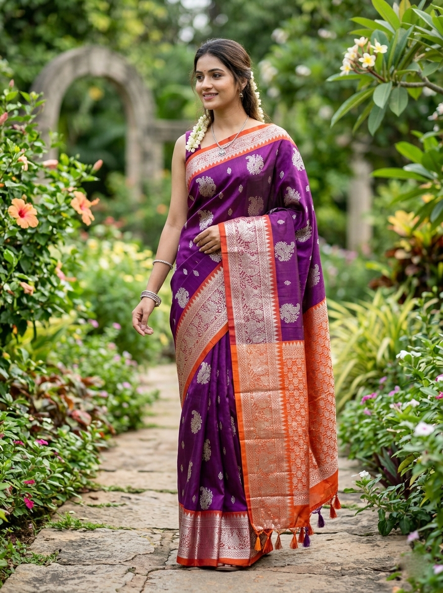 Venkatagiri Pure Handloom Pattu Saree with 10 Inch Rich Zari Border and Handwork Buta – Purple & Orange