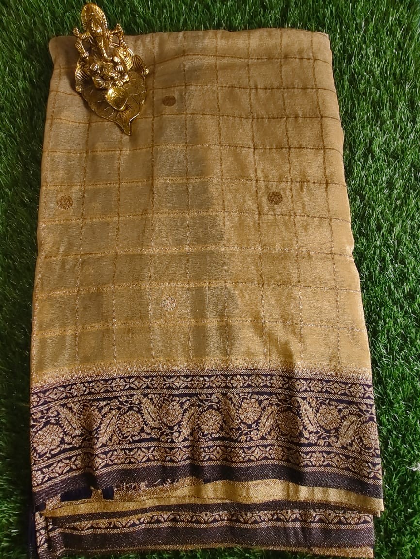 Elegant Beige Khaddi Georgette Saree with Dark Blue Border and Gold Motifs