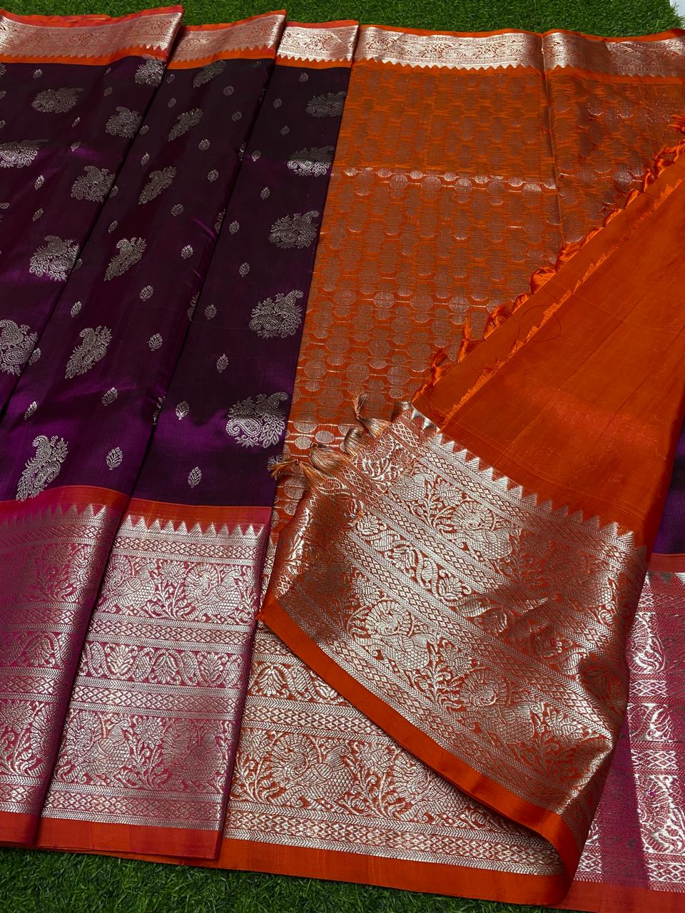 Venkatagiri Pure Handloom Pattu Saree with 10 Inch Rich Zari Border and Handwork Buta – Purple & Orange