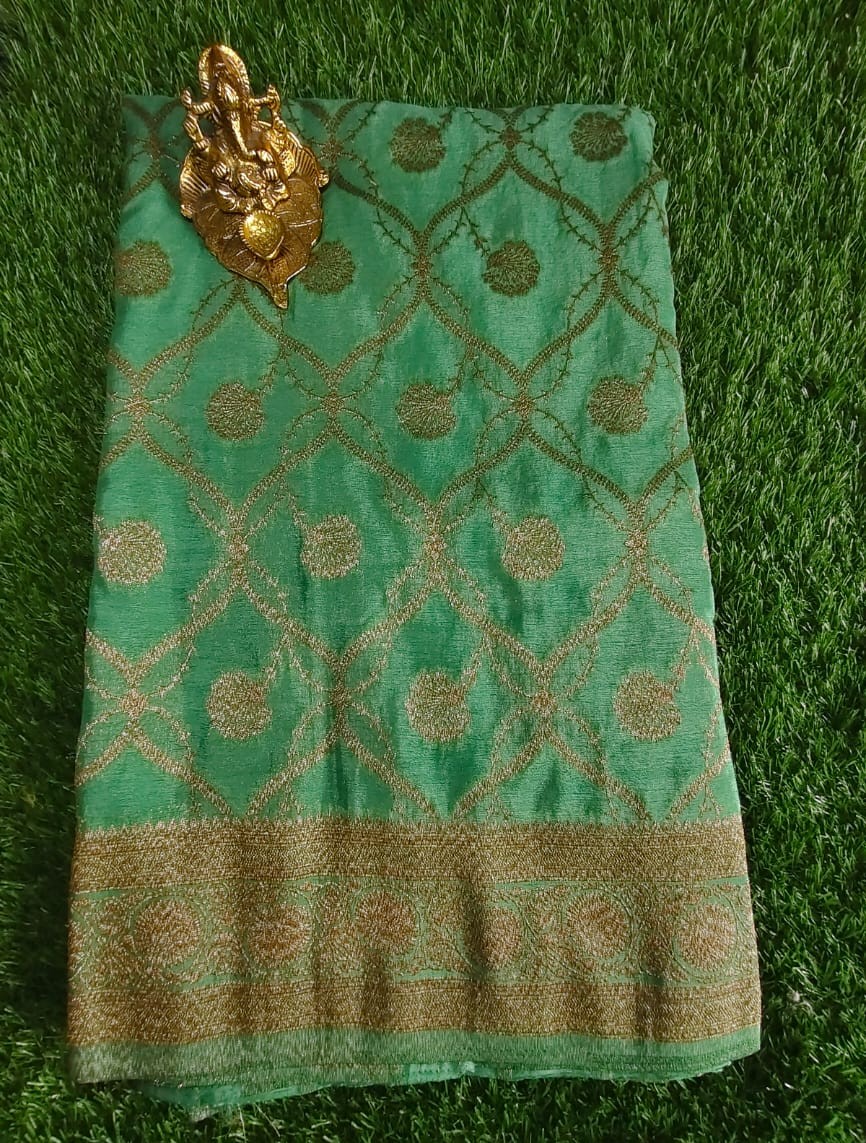 Classic Lux Green Khaddi Jaal Pure Georgette Saree with Antique Zari Work