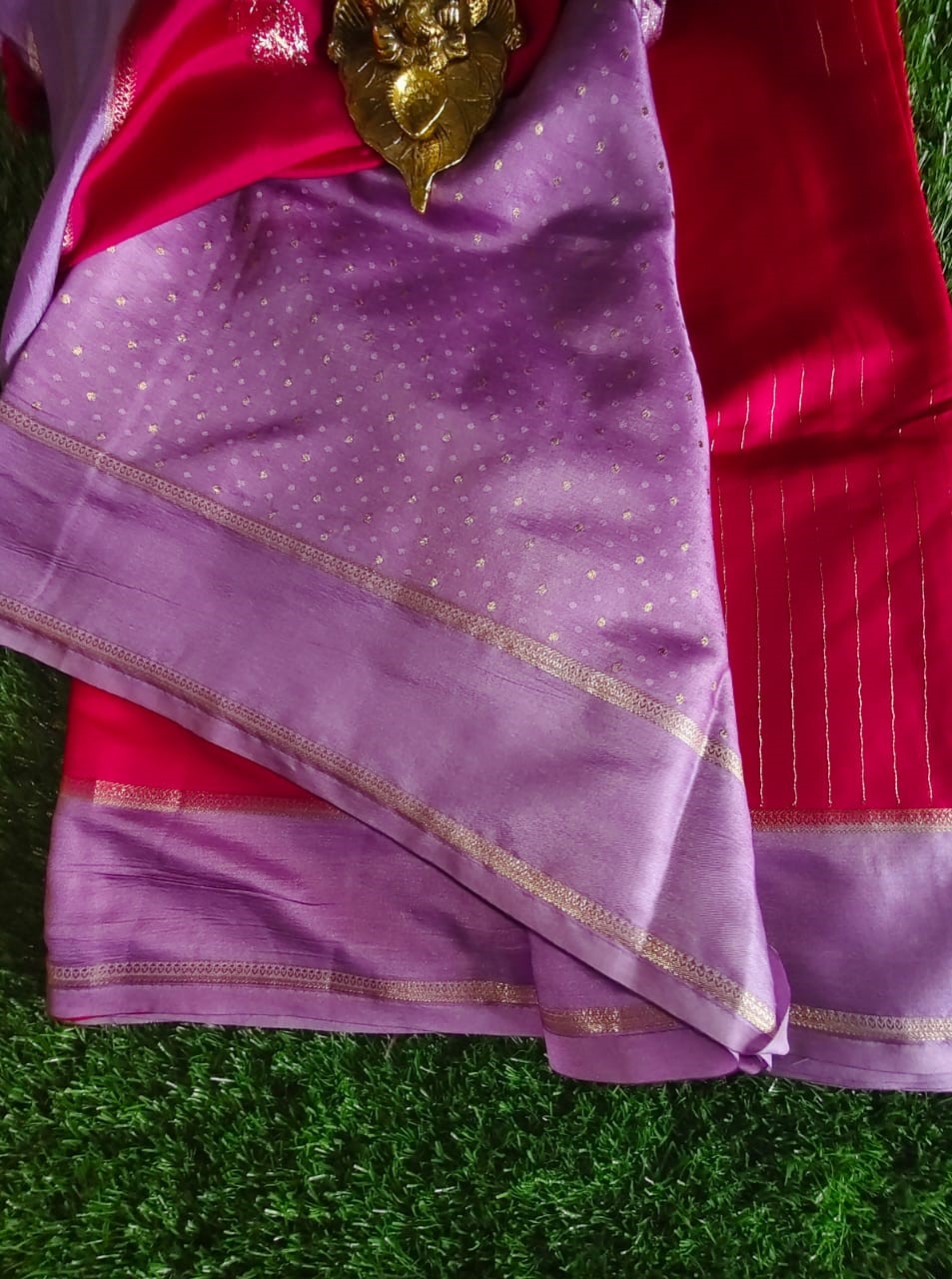 Red Raw Silk Saree with Allover Buta Weaving and Lilac Gap Border