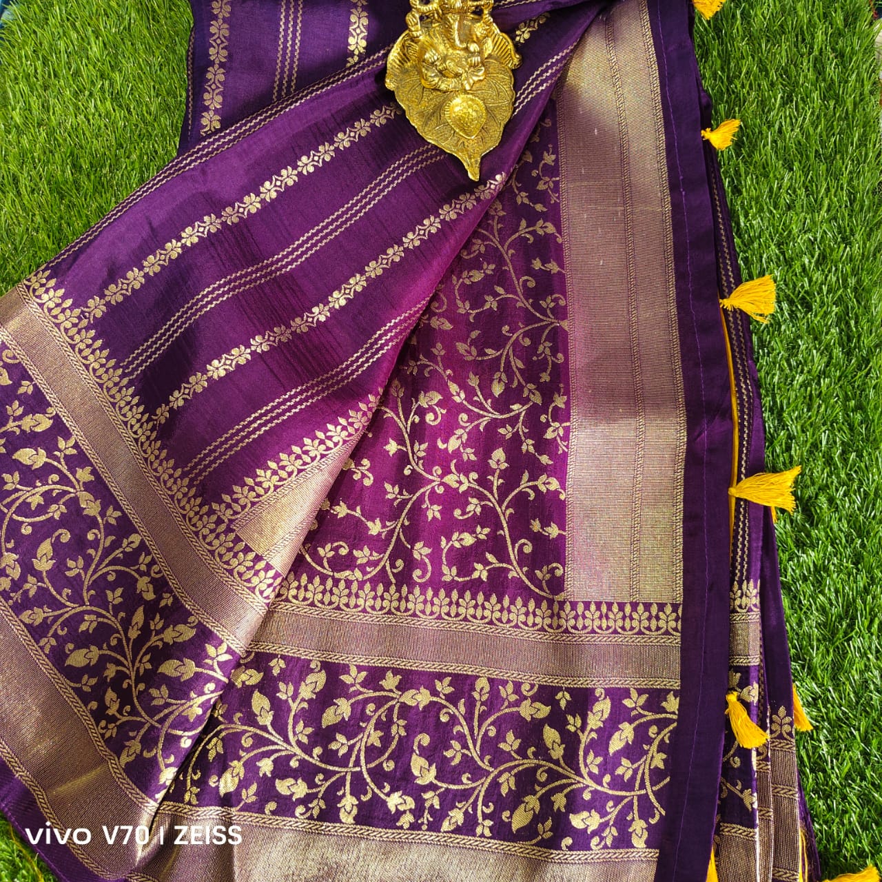 Beautiful Purple Dola Silk Saree with Gold Zari Stripes and Floral Border