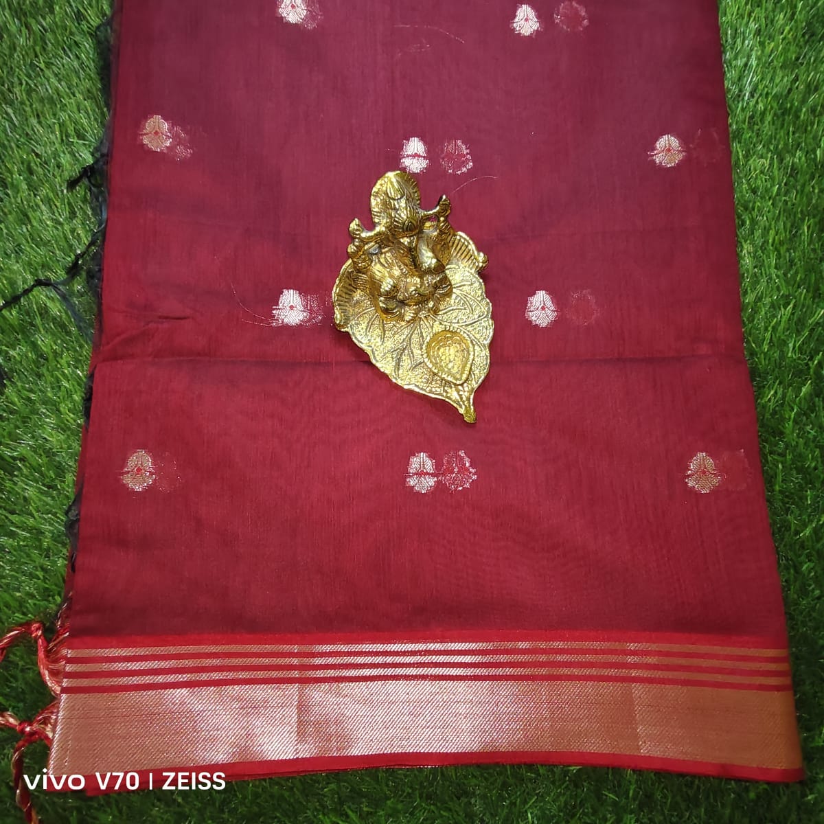 Maroon Red Chanderi Cotton Saree with Gold Zari Border and Woven Motifs