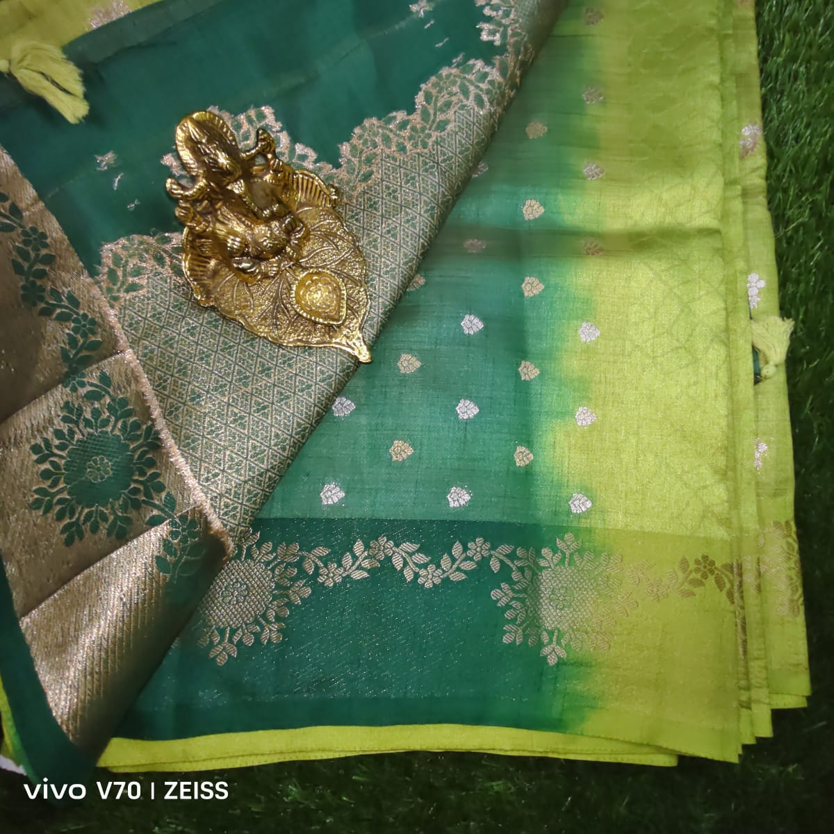 Elegant Soft Parrot Green Tussar Silk Saree with Emerald Green Contrast Pallu