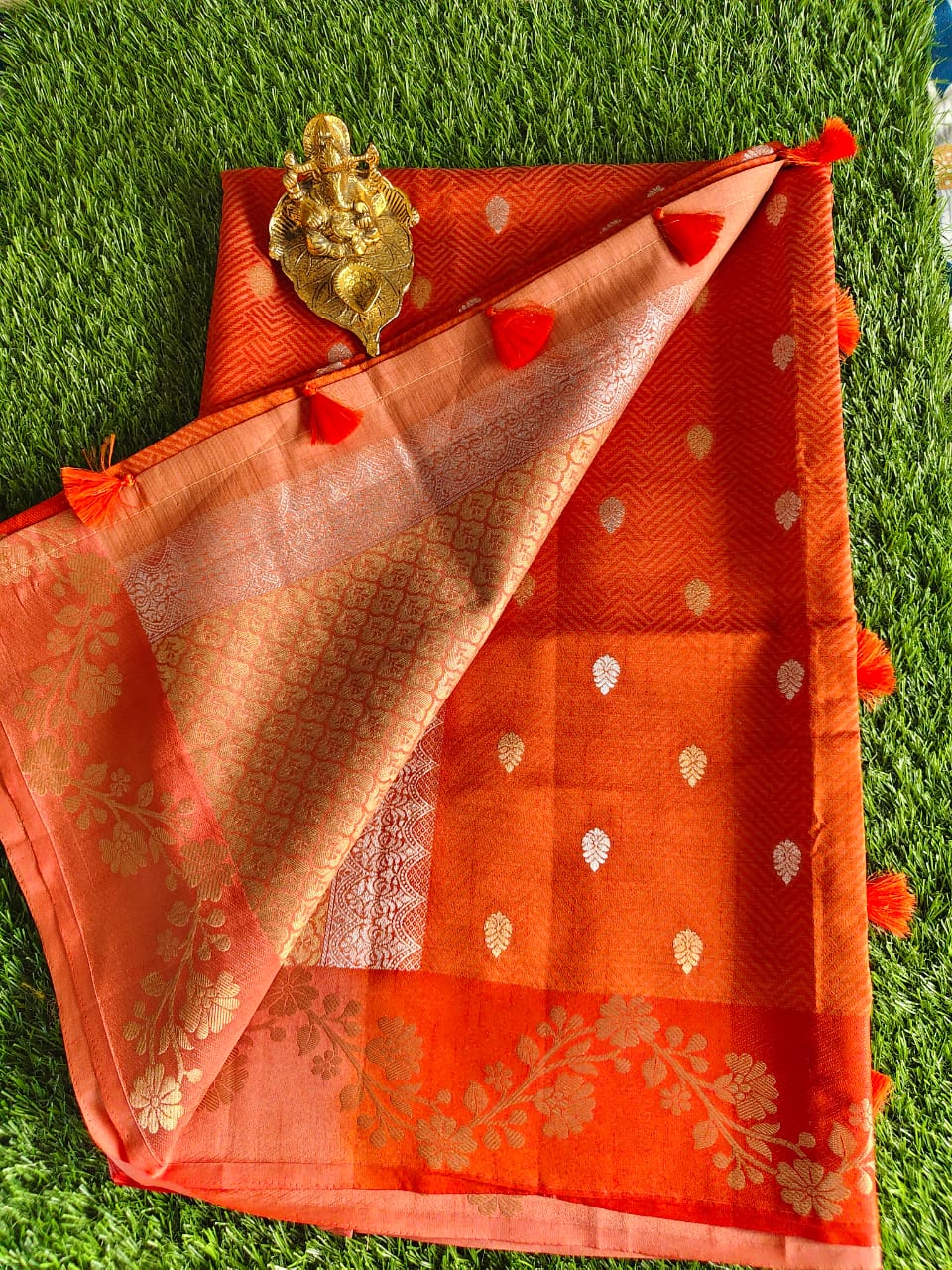 Orange Tussar Silk Saree with Allover Zari Buta Weaving and Floral Border