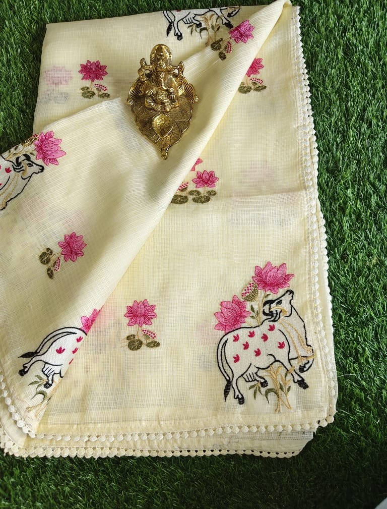 Classy Half White Kota Saree with Pichwai Cow and Lotus Embroidery