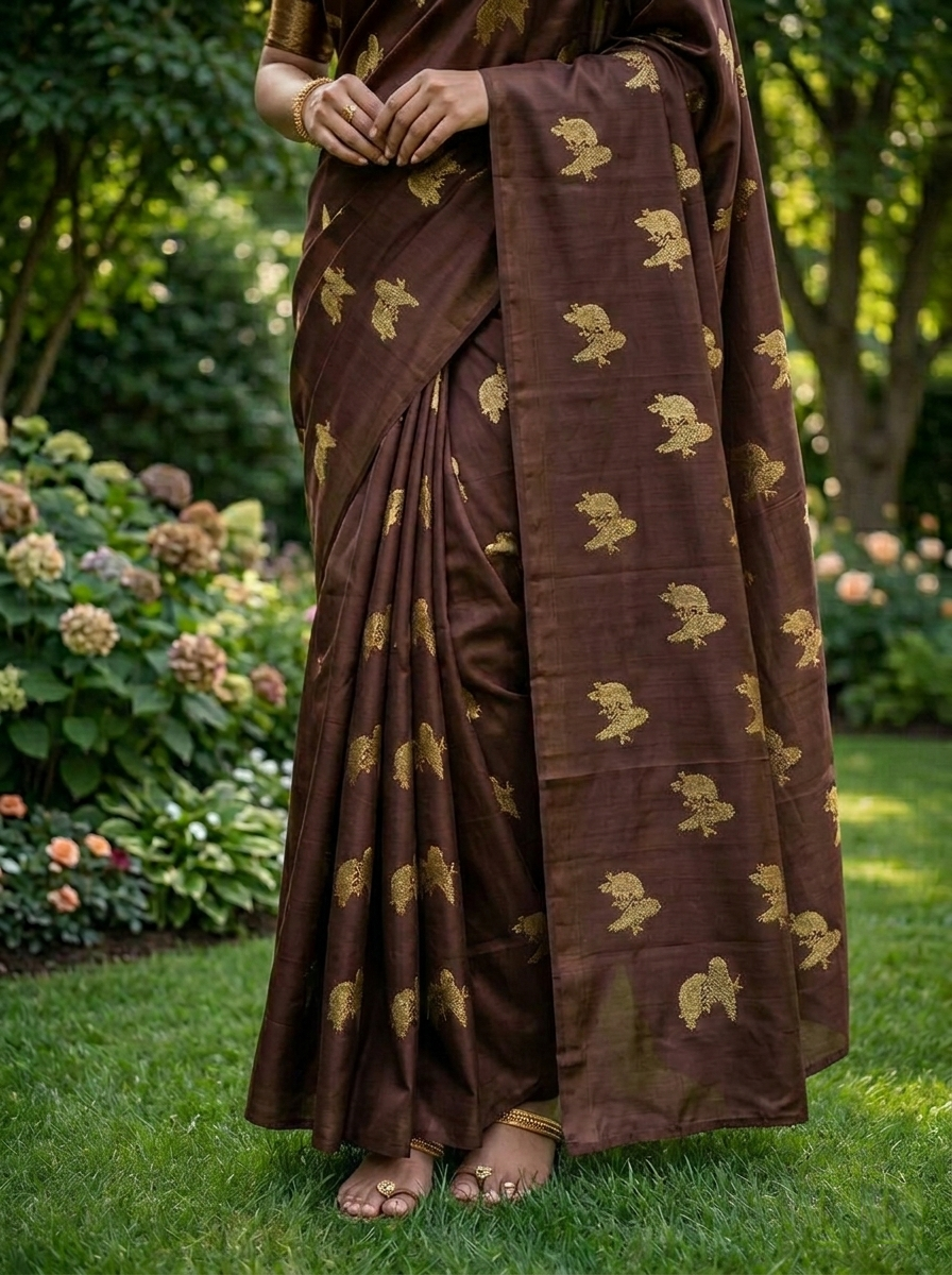 Venkatagiri Pure Handloom Pattu Borderless Saree with Handwork Buta – Brown with Gold Zari