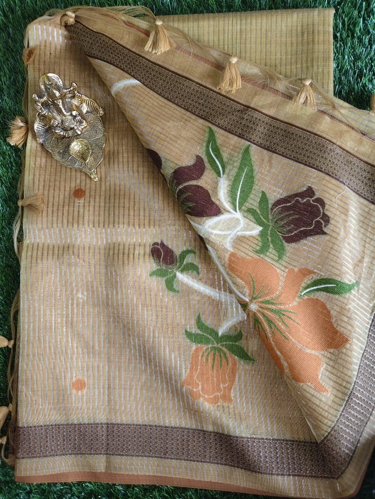 Mustard Jamdhani Tissue Saree with Scattered Motifs and Tassel Pallu