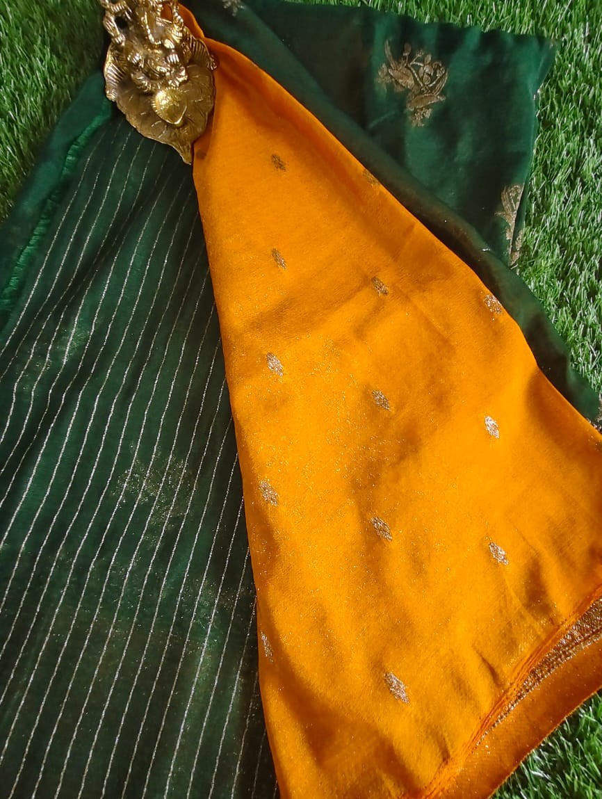 Classic Bottle Green Khaddi Georgette Saree with Yellow Contrast Border and Parrot Motifs