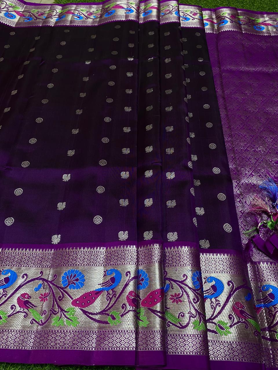 Venkatagiri Pure Handloom Pattu Saree with 6 Inch Designer Border and Hand Buta