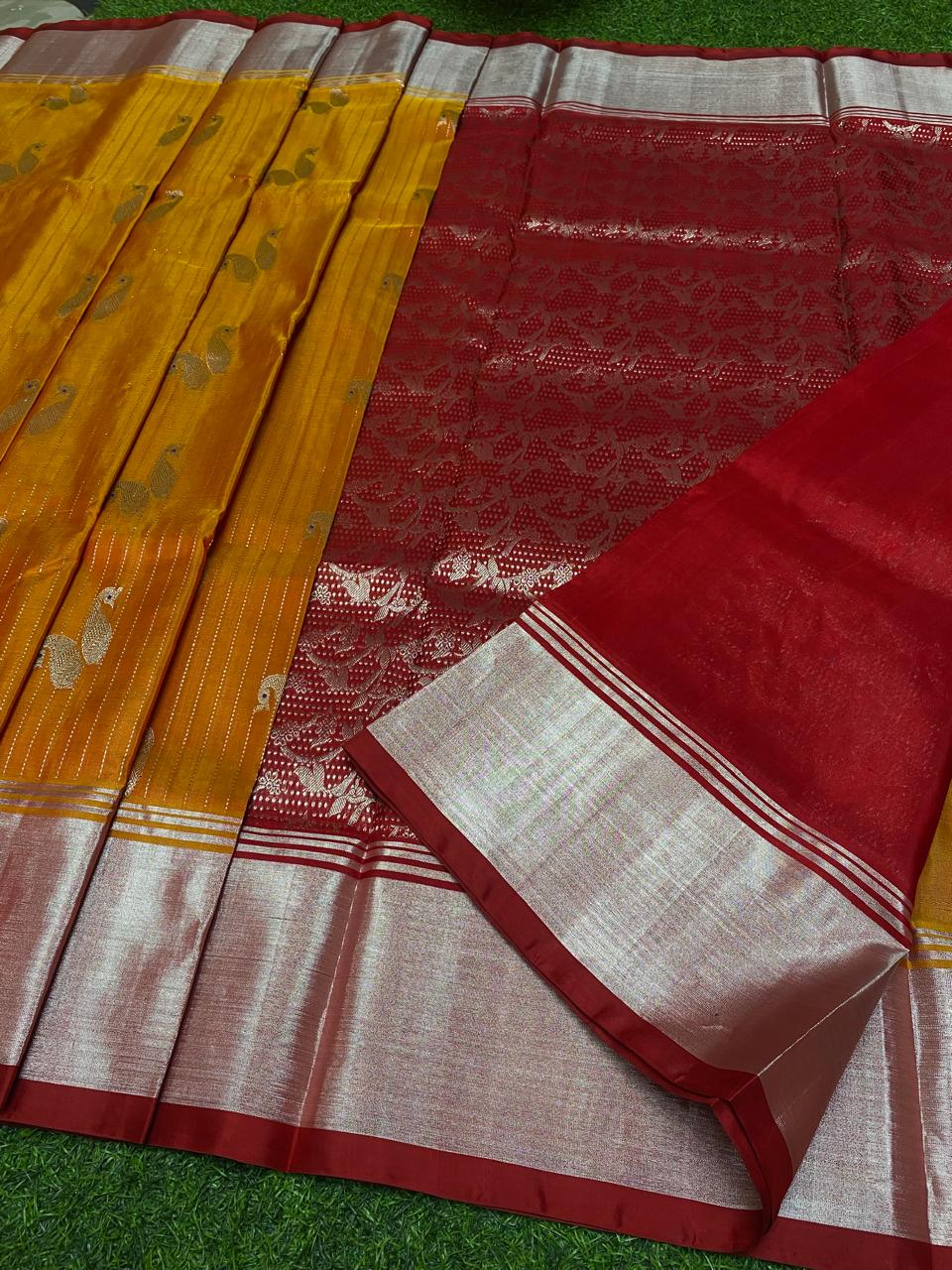 Venkatagiri Pure Handloom Pattu Saree with 6 Inch Kaddi Border and Hand Buta – Mustard Yellow & Red