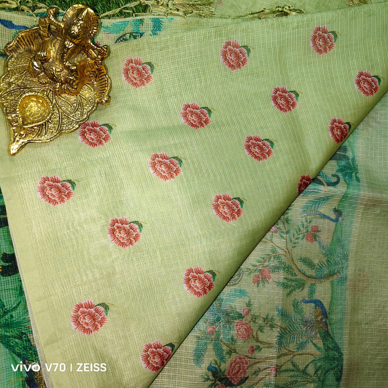 Soft Green Printed Kota Doria Saree with Elephant and Peacock Motifs