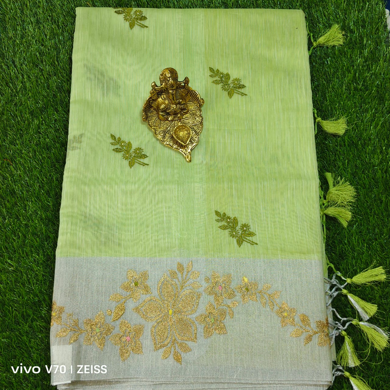 Beautiful Light Green Chanderi Saree with Silver Border and Gold Floral Embroidery