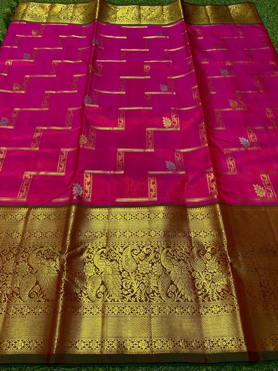 Venkatagiri Pure Handloom Pattu Saree with 12 Inch Designer Border and Hand Buta