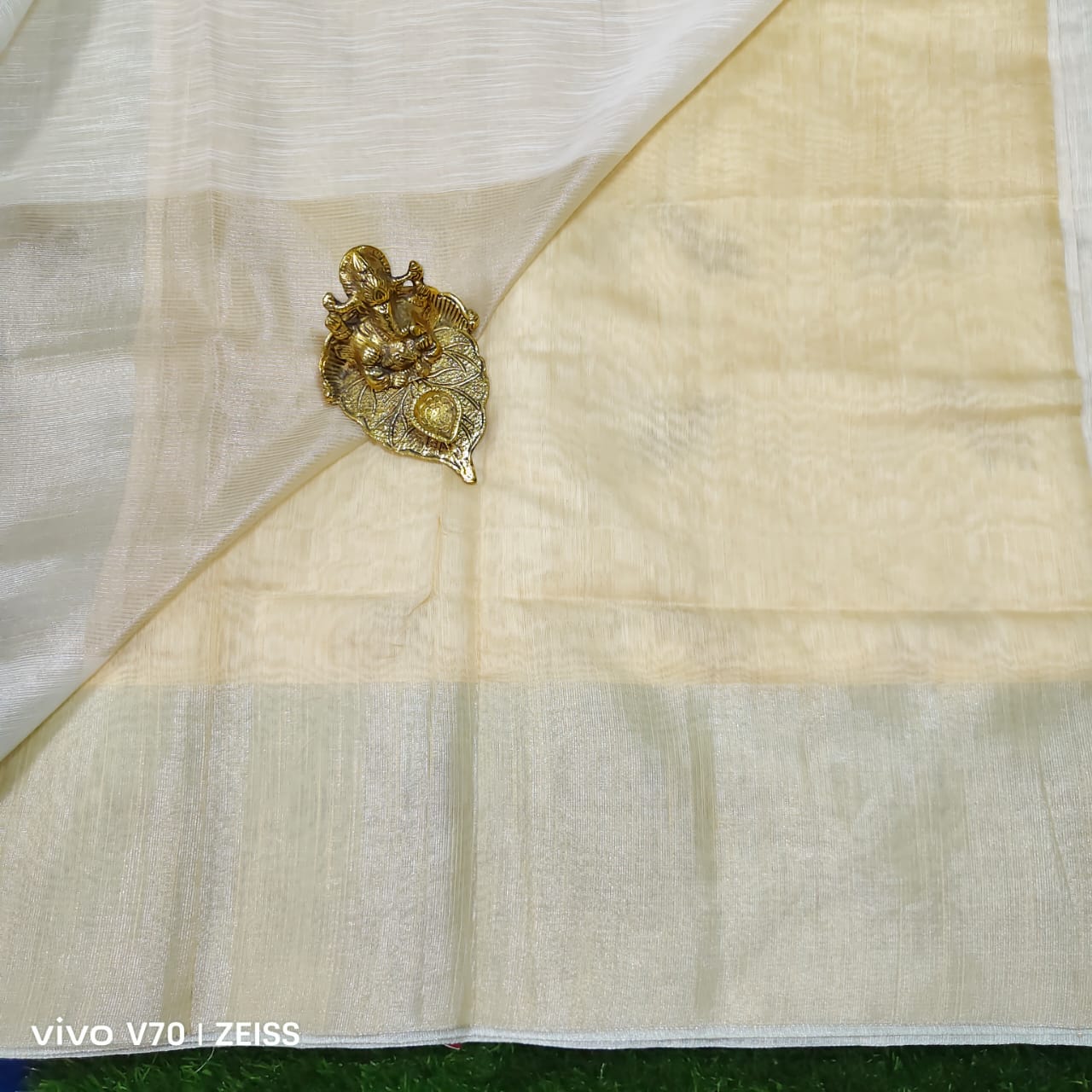 Beautiful Cream Chanderi Saree with Mint Green Border and Gold Floral Embroidery