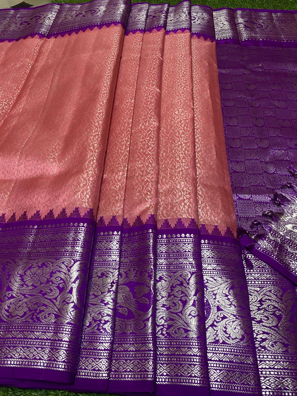 Venkatagiri Pure Handloom Pattu Saree with 12 Inch Special Kuttu Border and Hand Buta – Peach & Purple