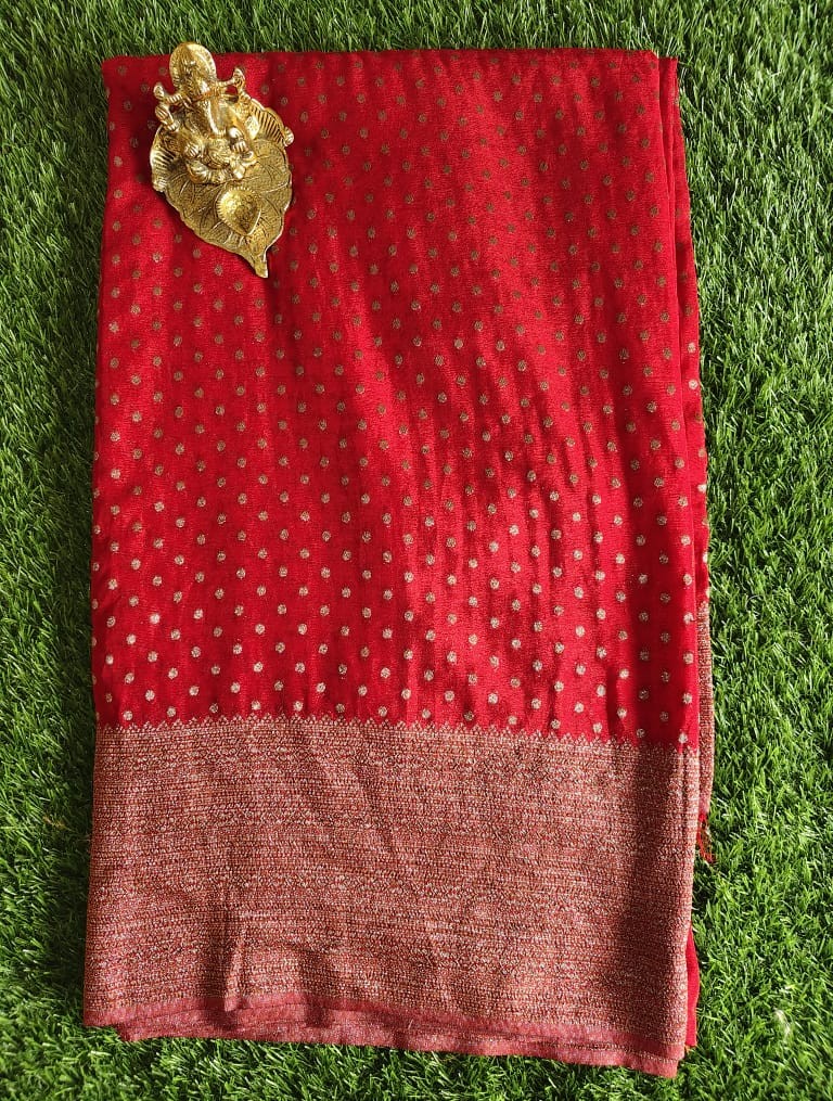Elegant Red Khaddi Georgette Saree with Golden Dot Pattern