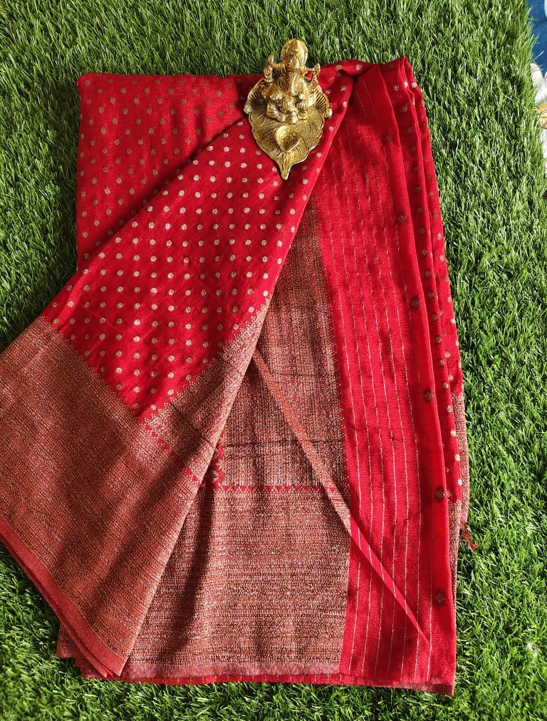 Elegant Red Khaddi Georgette Saree with Golden Dot Pattern