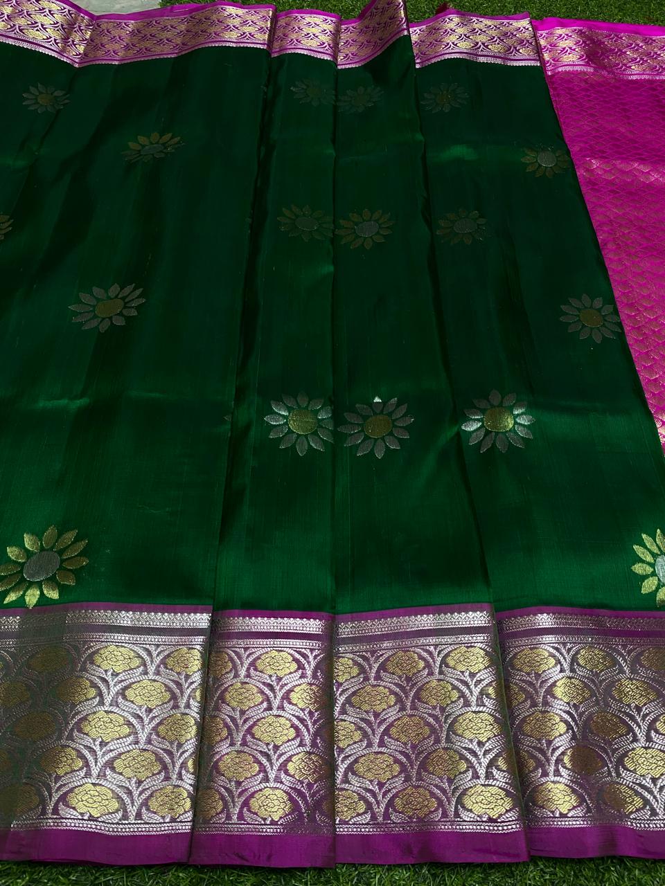 Venkatagiri Pure Handloom Pattu Saree with 6 Inch Border Special Jandhani Work and Hand Buta