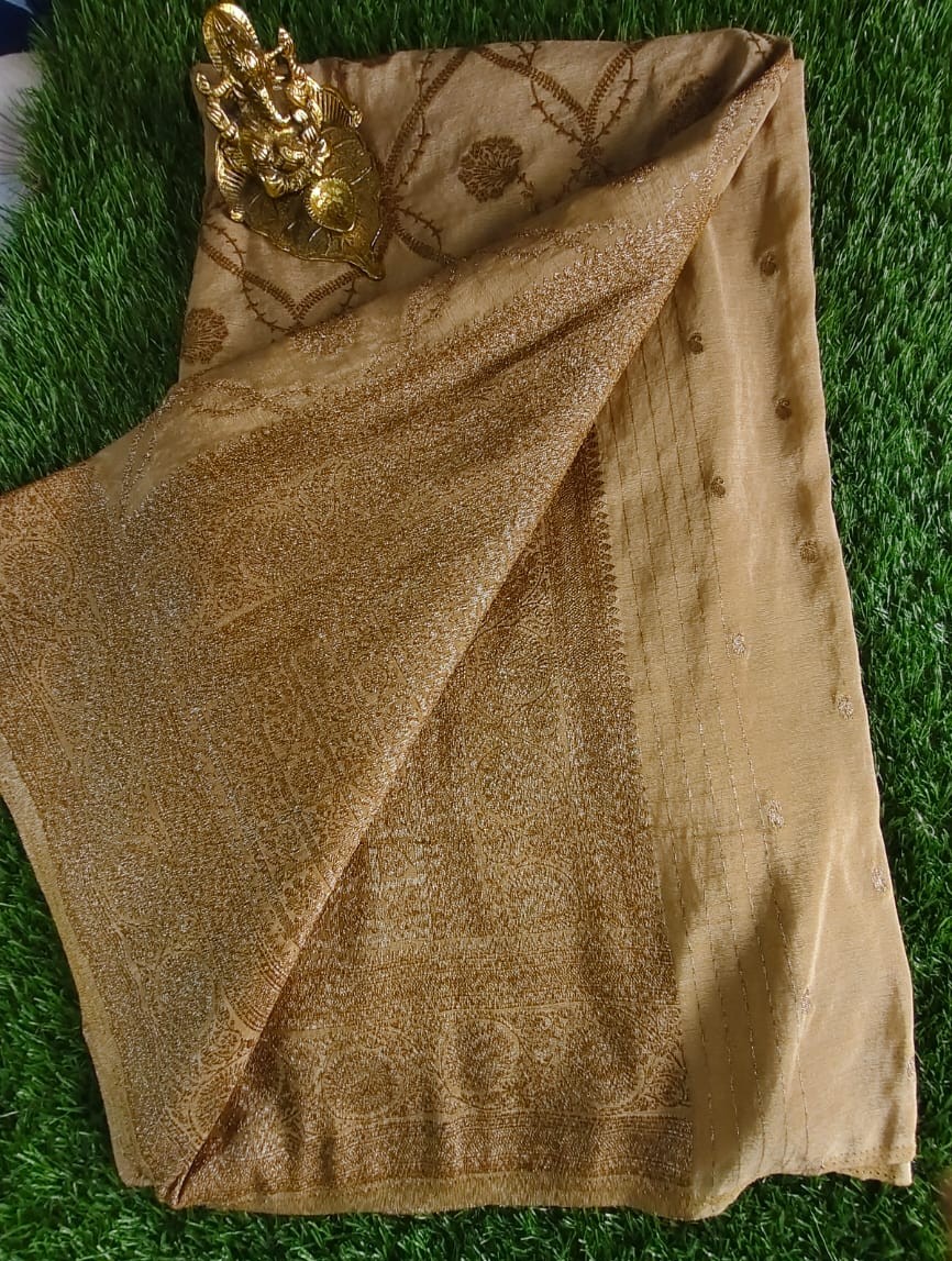 Beautiful Beige Khaddi Jaal Pure Georgette Saree with Antique Zari Work
